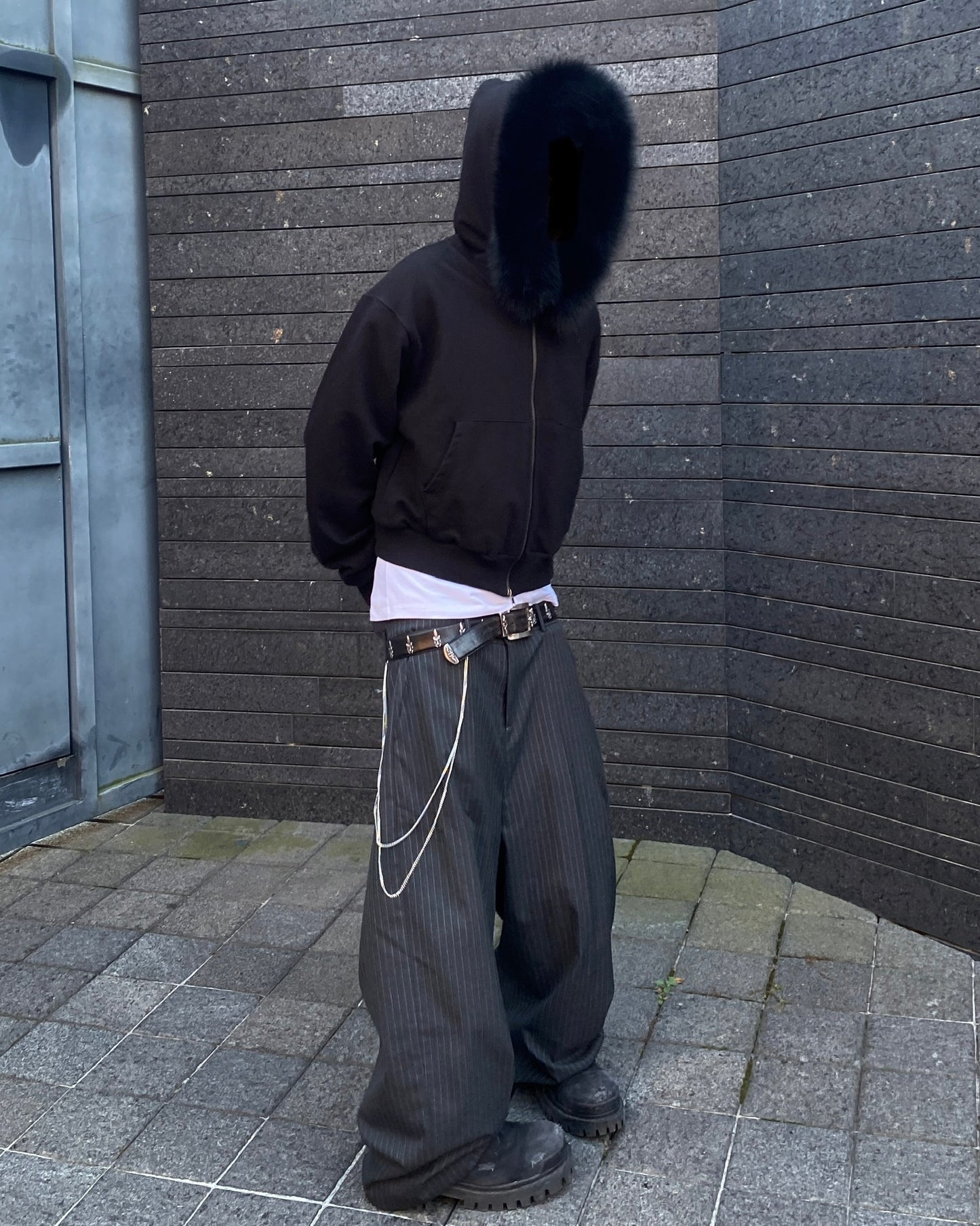 Undermycar BLUE FOX FUR LINED EMBROIDERED ZIPPED HOODIE