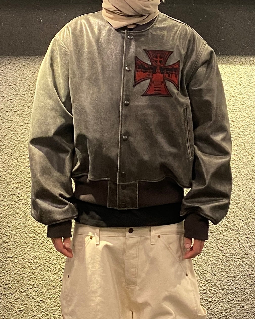 Undermycar HOLY CROSS PATCHED DISTRESSED LEATHER VARSITY