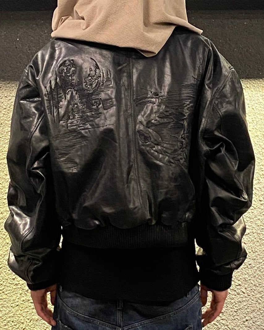 Undermycar LONE WOLF WITH CRESCENT MOON EMBROIDERED LEATHER HOODED BOMBER