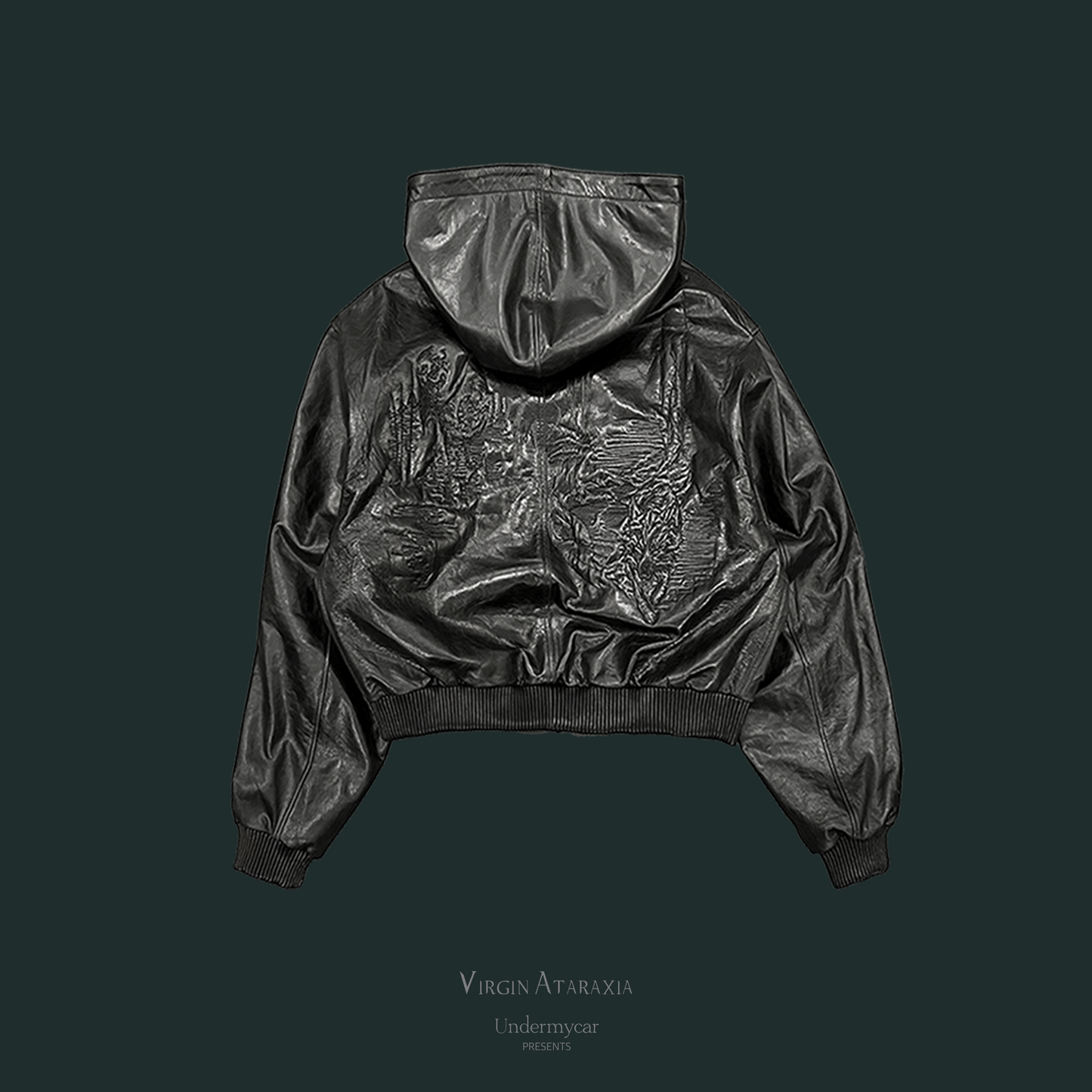 Undermycar LONE WOLF WITH CRESCENT MOON EMBROIDERED LEATHER HOODED BOMBER
