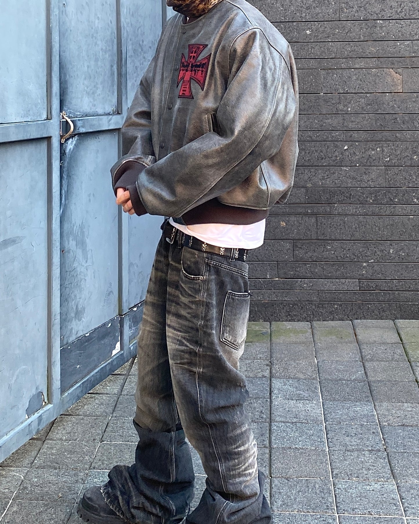 Undermycar HOLY CROSS PATCHED DISTRESSED LEATHER VARSITY