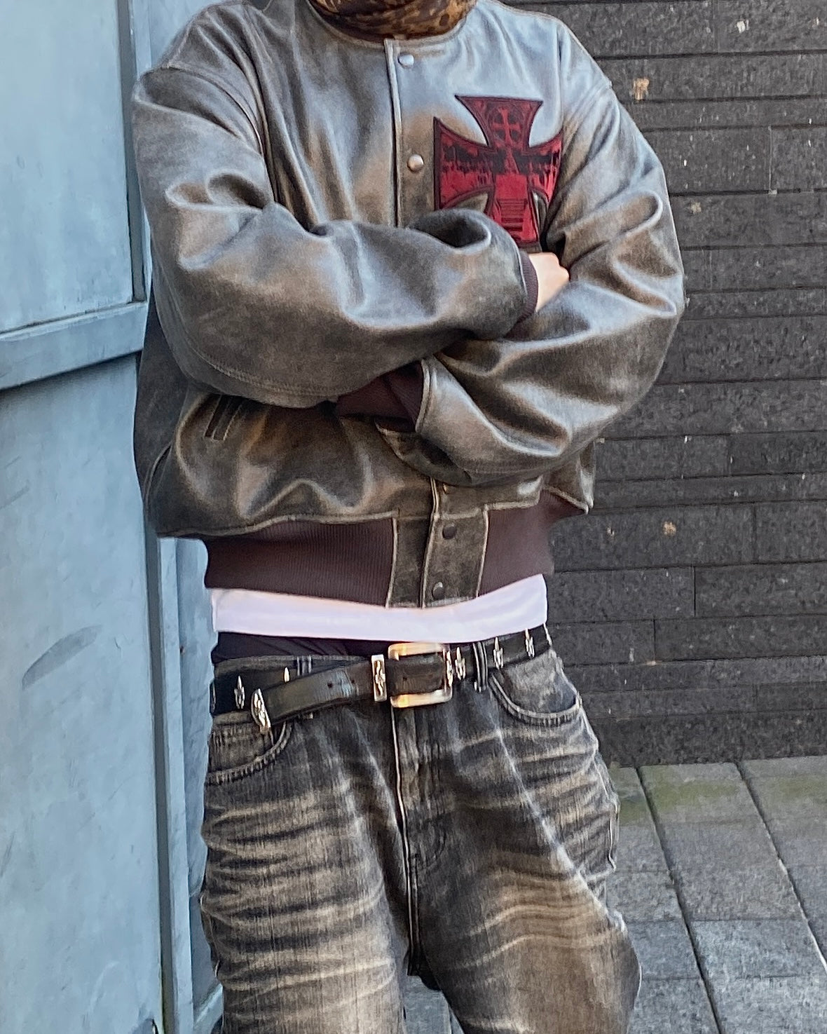 Undermycar HOLY CROSS PATCHED DISTRESSED LEATHER VARSITY