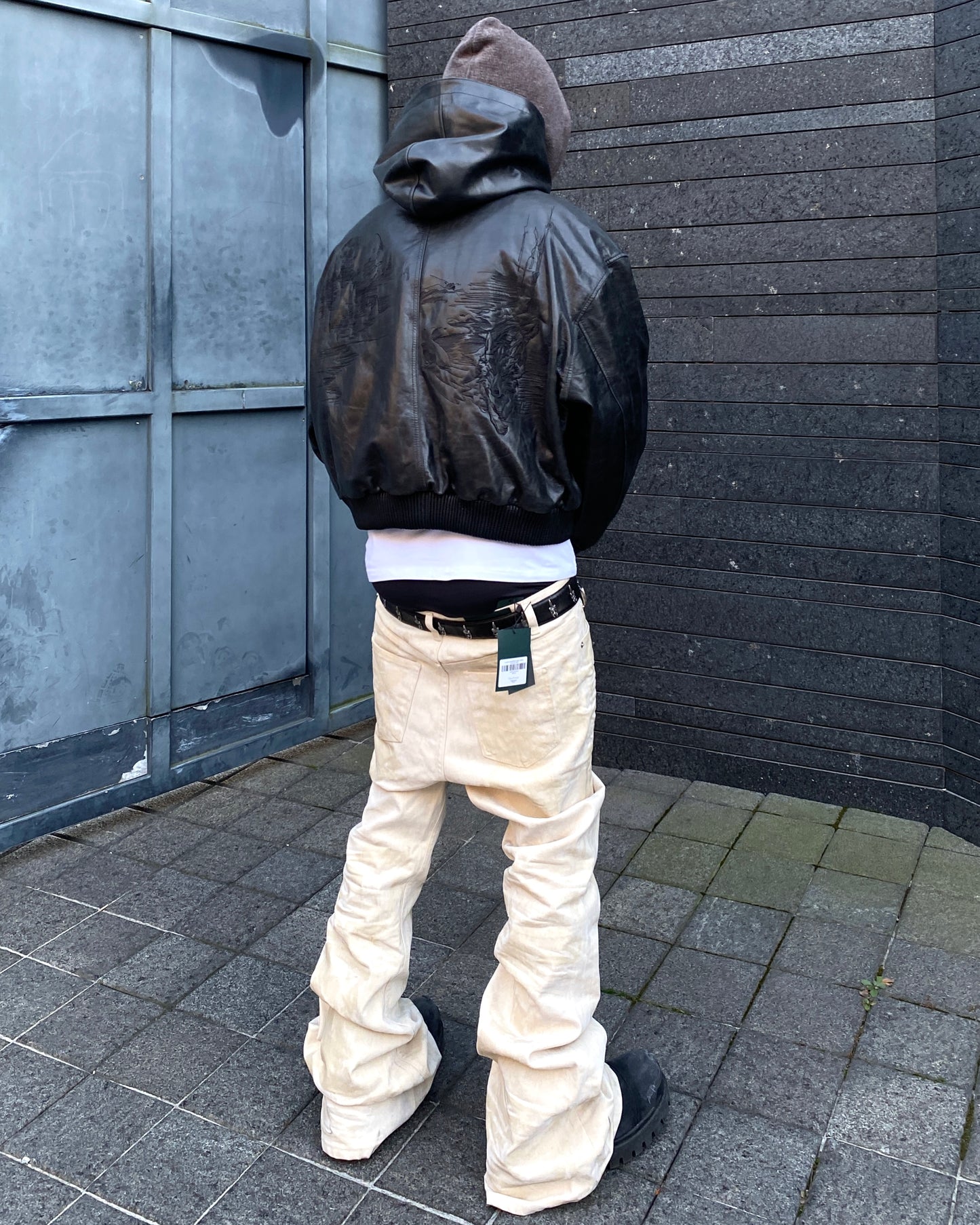 Undermycar LONE WOLF WITH CRESCENT MOON EMBROIDERED LEATHER HOODED BOMBER