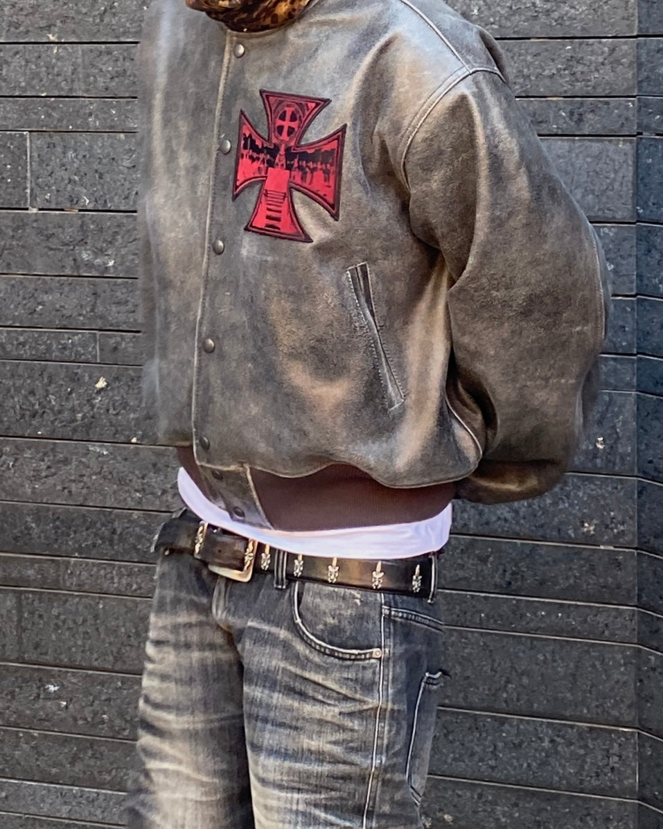 Undermycar HOLY CROSS PATCHED DISTRESSED LEATHER VARSITY