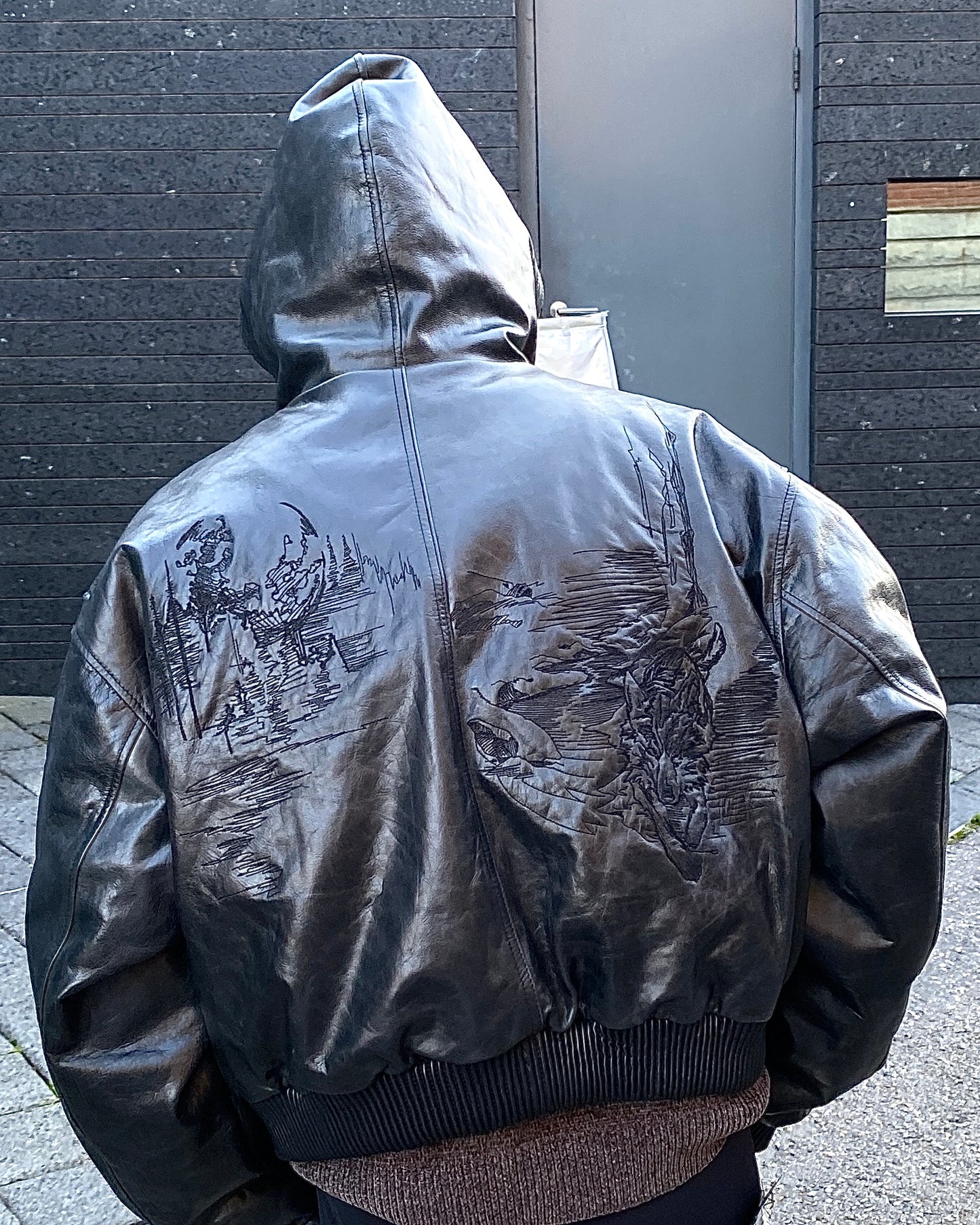 Undermycar LONE WOLF WITH CRESCENT MOON EMBROIDERED LEATHER HOODED BOMBER