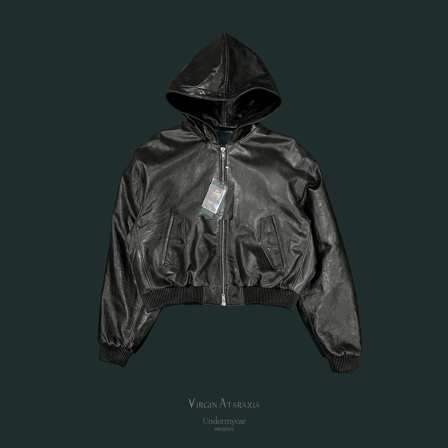 Undermycar LONE WOLF WITH CRESCENT MOON EMBROIDERED LEATHER HOODED BOMBER