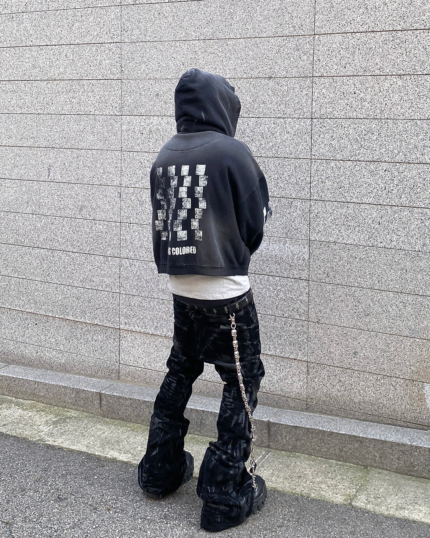 Undermycar CHECKERBOARD VINTAGE PRINTING BRUSH WASHED ZIPPED HOODIE