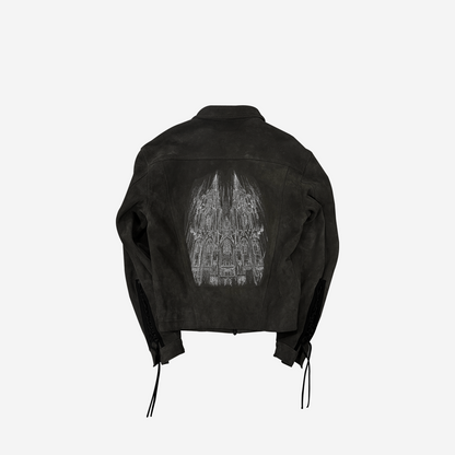 Undermycar CATHEDRAL EMBROIDERED BLACK SUEDE TRUCKER JACKET