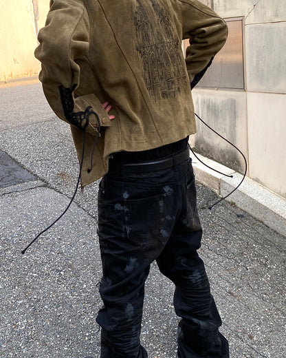 Undermycar CATHEDRAL EMBROIDERED BLACK SUEDE TRUCKER JACKET